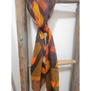 Ellen Tracy Silk Scarf: Brown Orange Tones, Hand Sewn Beads, Rolled Edges